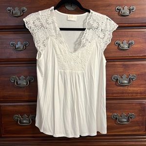 Lace-Yoke V-Neck Sleeveless Blouse - White
